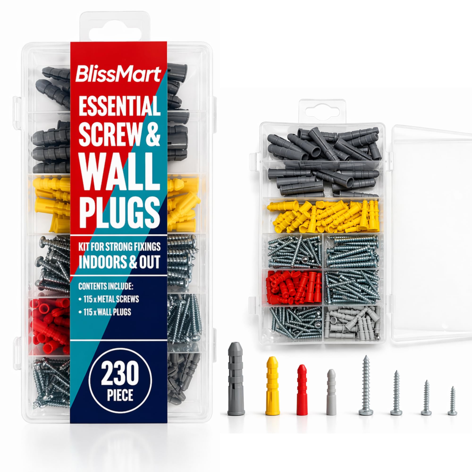 BLISSMART Screws and Wall Plugs Set 230 Piece Wall Plugs and Screws Kit Assorted Raw Plugs and Zinc Plated Self Tapping Screws for DIY Fixing Indoor & Outdoor Use