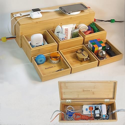 Miniatura 8 de Caja organizadora de cables de bambú, caja protectora contra sobretensiones, tapa magnética, cubierta de caja de almacenamiento, regleta de