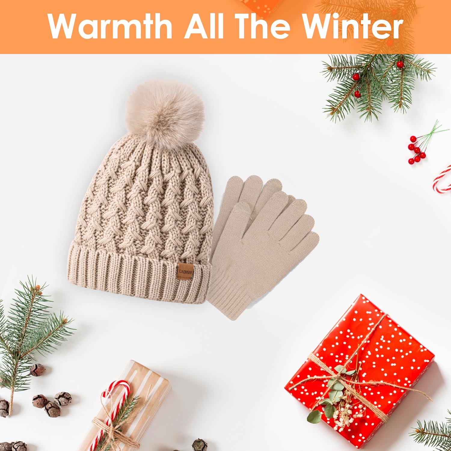 Women Winter Beanie Hat Gloves Set Pom Hat with Warm Fleece Lined Touchscreen Gloves for Cold Weather - Image 5