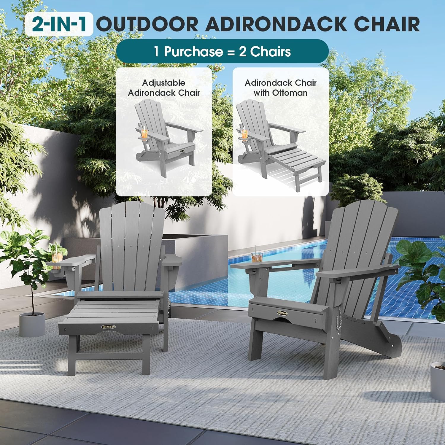 THOEOE Adjustable Adirondack Chairs with Retractable Ottoman, HDEP Folding Adirondack Chair with Footrest & Cup Holder, All Weather Fire Pit Chair for Outdoor,Grey