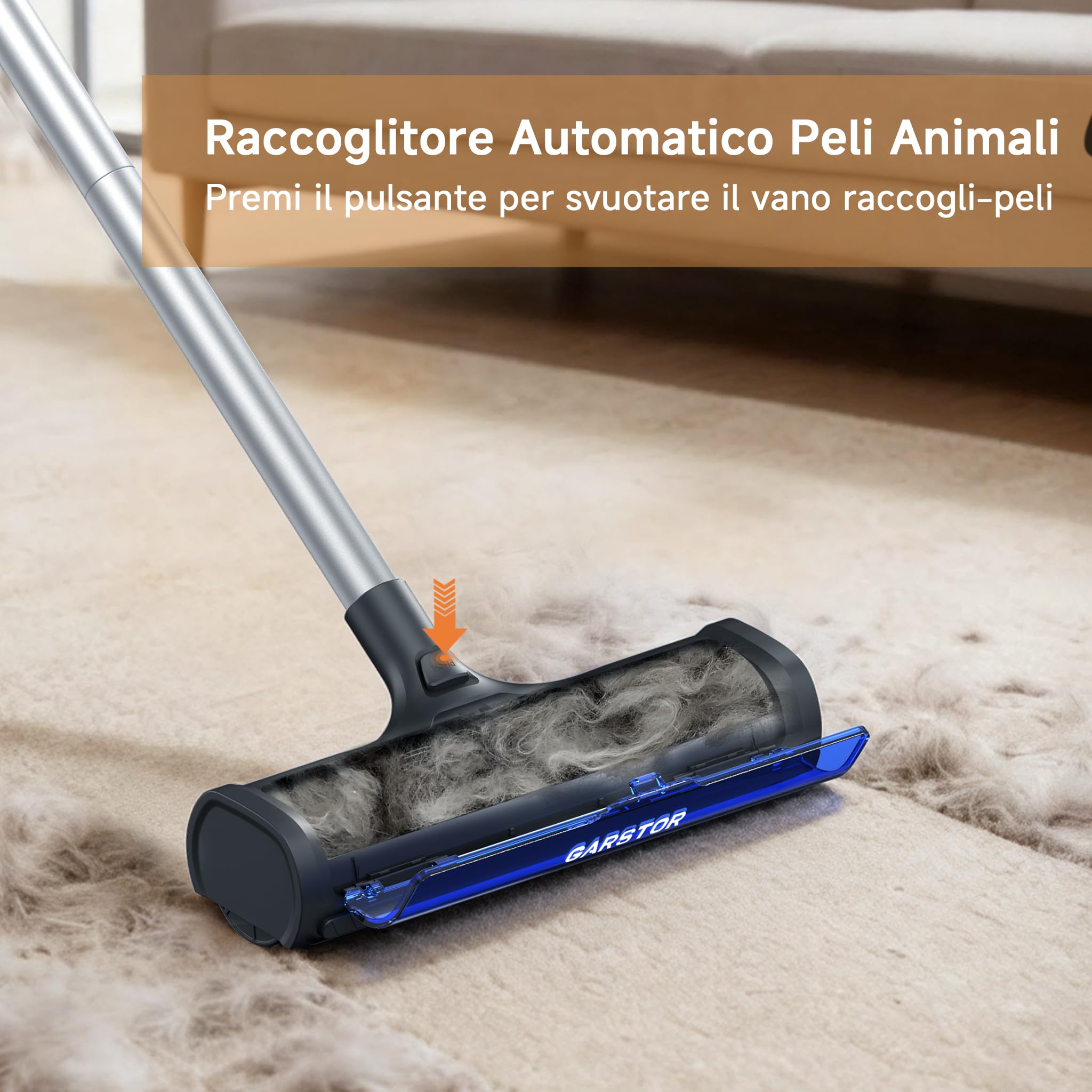Spazzola Togli Peli Animali Tappeti, Rullo Peli Animali Manico 1,5m | Levapeli Animali Riutilizzabile, Contenitore Grande, Pulizia Profonda e Raccolta Automatica Peli Cane e Gatto per Tappeti