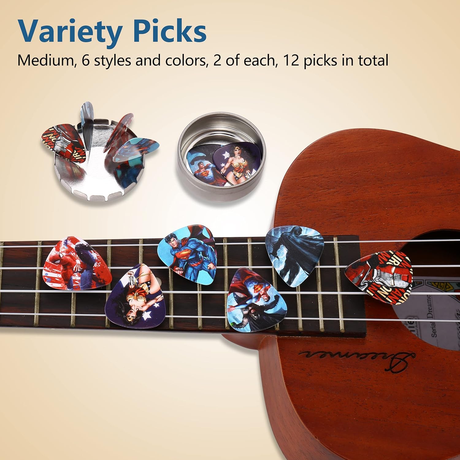 Guitar Picks for Acoustic Electric Bass Medium Thick Finger Thumb Pick Cartoon Movie Cool Character Bulk Variety Pack Pics with Tin for Kids Adults Funny Unique Large Big Band Pick 12pcs GP-006 : Musical Instruments
