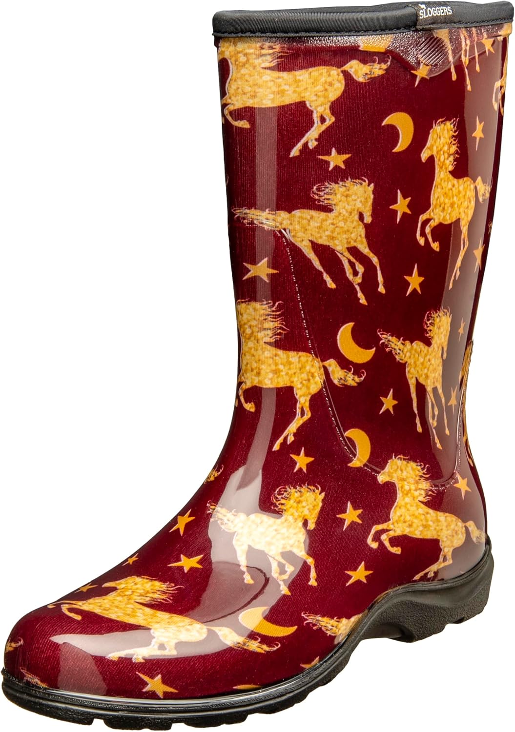 Sloggers Waterproof Garden Rain Boots for Women – Cute Mid-Calf Mud & Muck Boots with Premium Comfort Support Insole, (Horse Stars Barn Red), (Size 7)