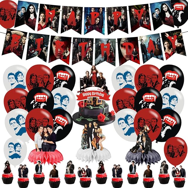 The Vampire Diaries Birthday Party Decorations , Party Supplies For Vampire Diaries Includes Banner - Cake Topper - 12 Cupcake Toppers - 18 Balloons -3 Vampire Diaries Honeycomb Centerpieces