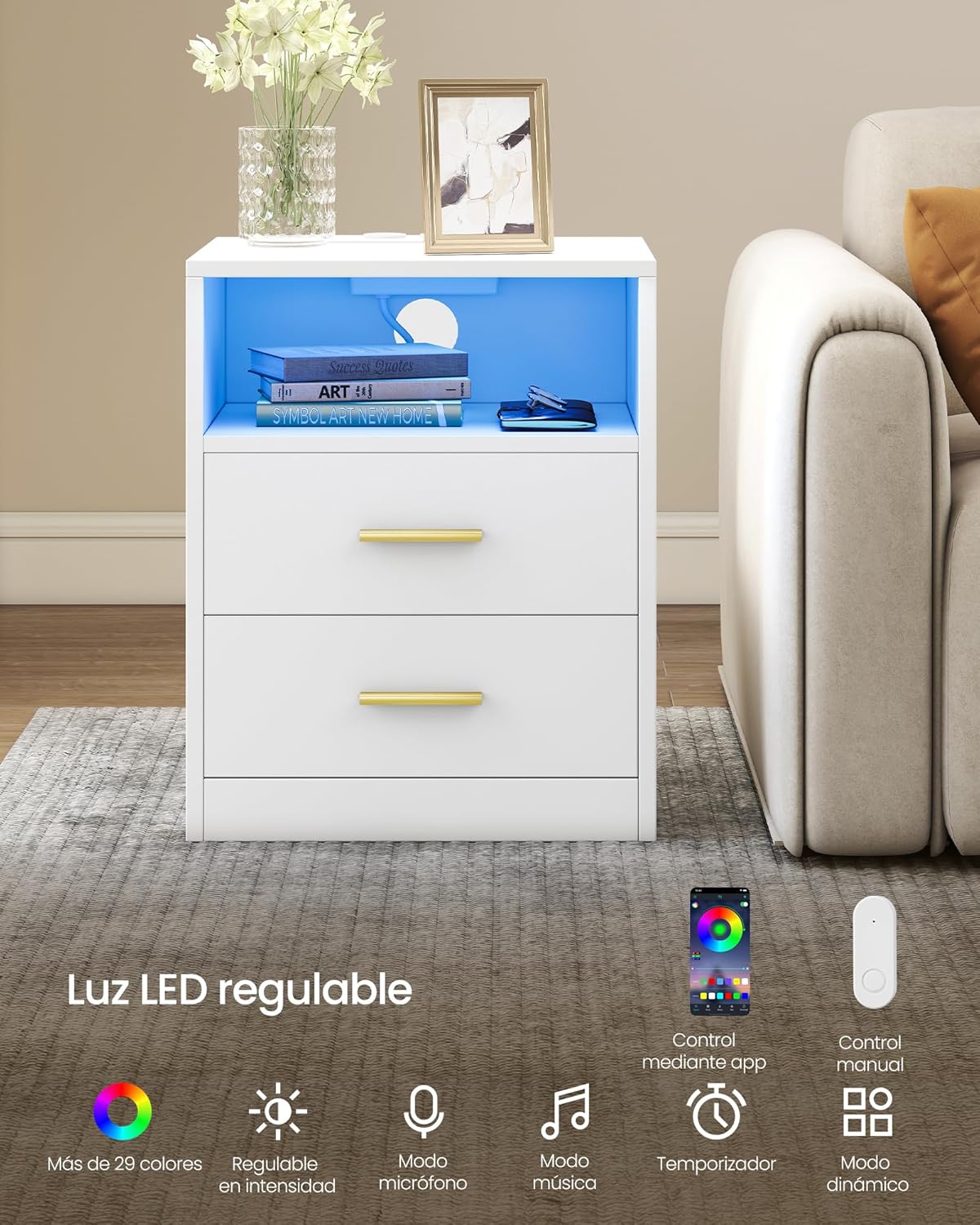 VASAGLE Custos Nightstand with both drawers open, revealing storage space.