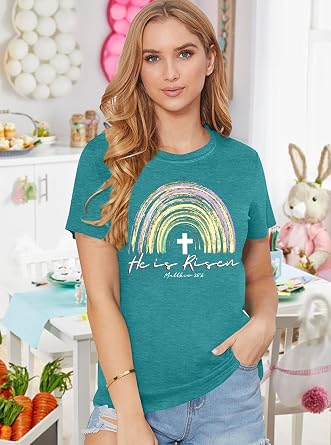 Ithalt Easter Shirts for Women He is Risen Tshirt Easter Christian T-Shirt Jesus Lover Short Sleeve Tops