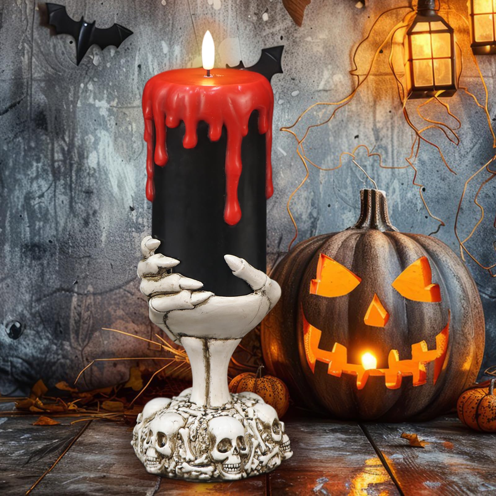 GenSwin Halloween Black Pillar Flameless Candles Battery Operated with 6H Timer, 1 PCS Real Wax LED Flickering Candles with Ghost Hand and Skull Candlesticks for Home Decor (D4”xH11”)