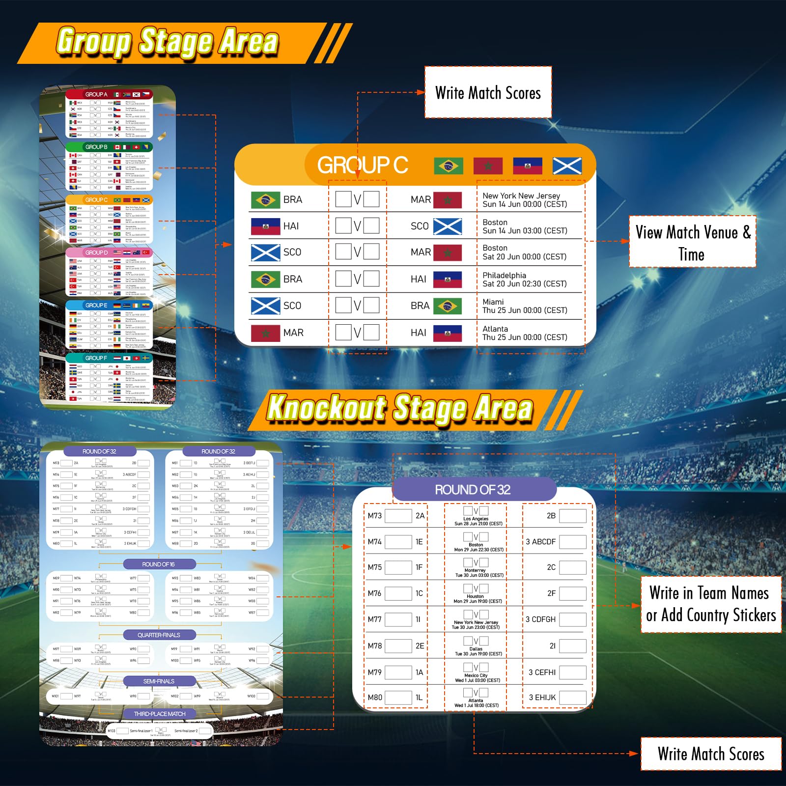 WALLFID 98x70cm Affiche Calendrier Coupe du Monde 2026,Heure Europe Centrale,Coupe du Monde,Competition 2026,Decoration Murale Pour Salon Bureau
