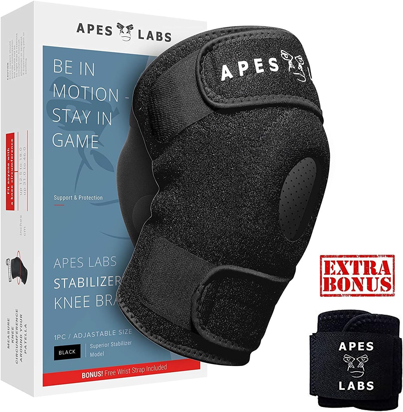 APES LABS Knee Brace for Patella Stabilizing, Running, Osteoarthritis, Arthritis, Tendonitis, Walking, Fit for Men and Women, Knee Stabilizer and Support for Pain Relief + BONUS FREE Wrist Wrap