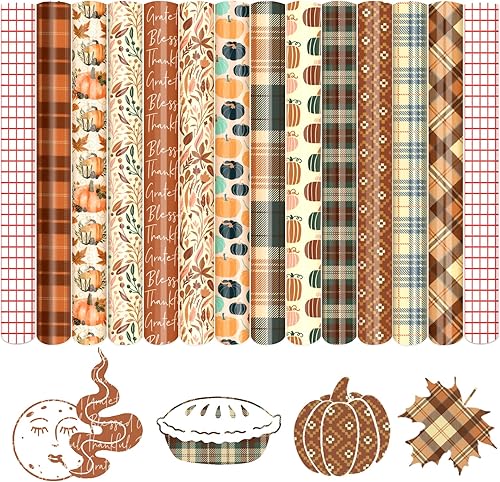 Tintnut Vinilo permanente de otoño, 12 hojas de 12 x 10 pulgadas, vinilo de color bohemio con patrón otoñal compatible con máquina Cricut, hojas de