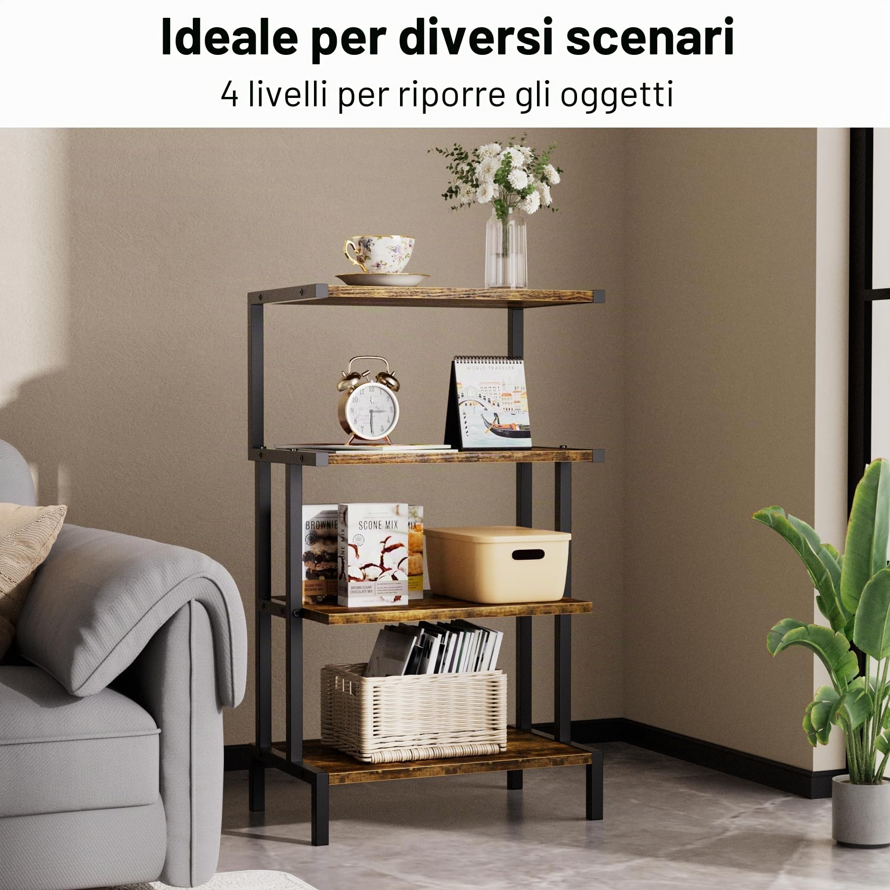 Aquzee Mobile Giradischi, Mobili per Hi Fi Con Supporto Stereo a 4 Livelli per Piccoli Spazi, Supporto per Console di Gioco Con 4 Ripiani, Marrone Rustico