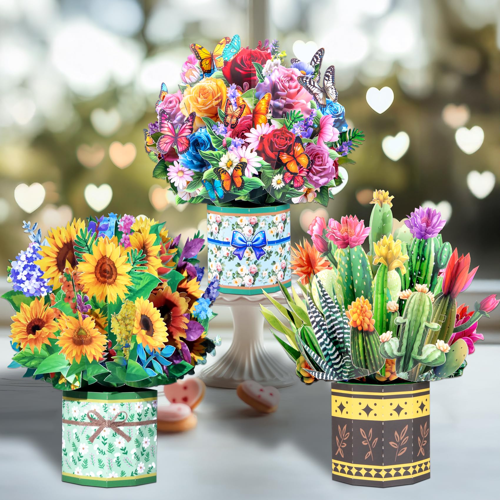 3D Pop Up Flower Bouquet Cards Pack – Roses, Sunflowers and Succulents Greeting for Women - for Mother's Day, Birthdays, Get Well, Sympathy,
