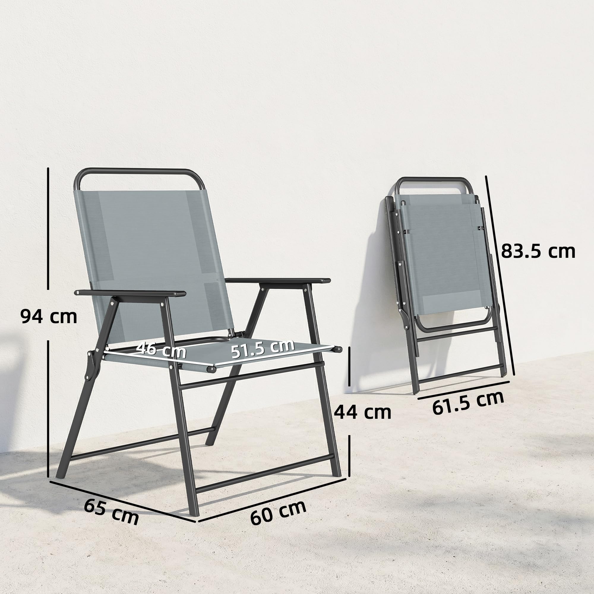 Outsunny Set di 2 Sedie da Giardino Pieghevoli, Seduta in Rete, Schienale Alto e Braccioli, Grigio