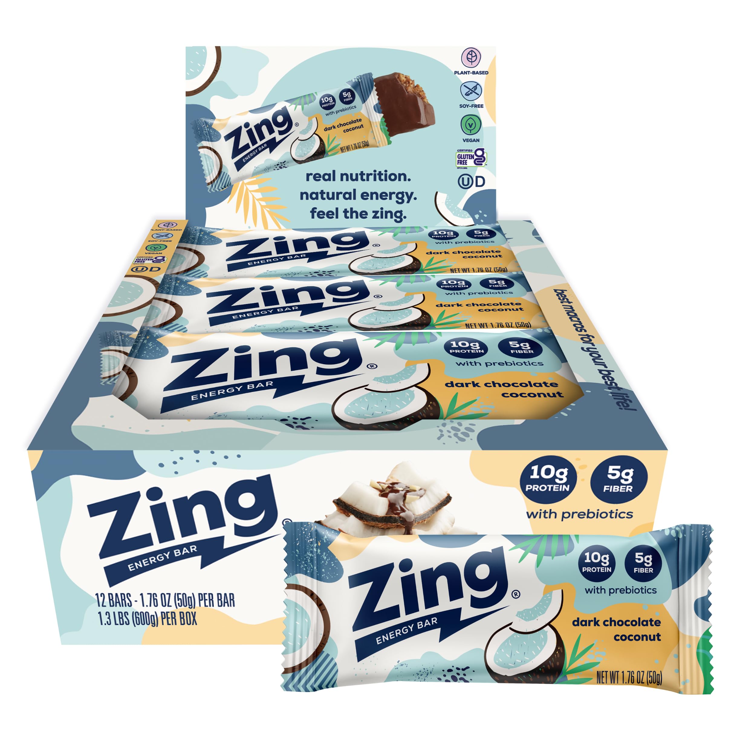 Amazon.com: Zing Dark Chocolate Coconut Vegan Protein Bars, Gluten
