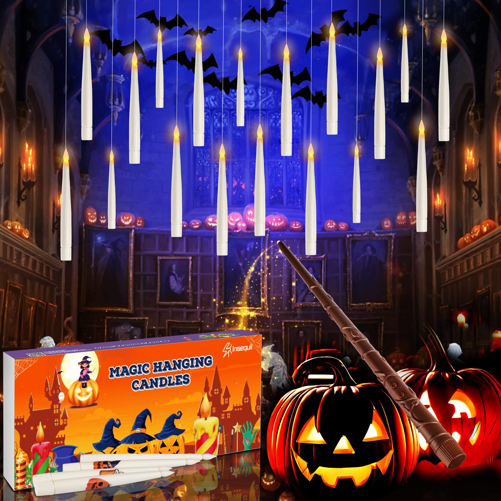 Velas flotantes con control remoto de varita, 20 velas mágicas colgantes de Halloween, velas parpadeantes sin llama con calcomanía de bricolaje, decoraciones de Halloween, regalos para interiores y