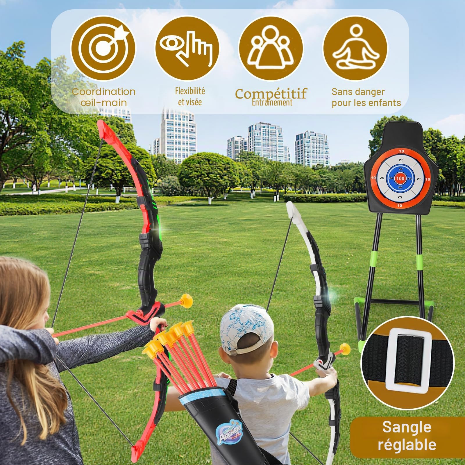 deAO Ensemble de Tir à l'arc pour Enfants avec Lumières LED, Comprenant 1 Cible, 2 Arcs de Tir, 2 Carquois, 20 Flèches à Ventouse, 6 Cibles, Jouet d'arc pour Enfants à Partir de 4 Ans et Plus