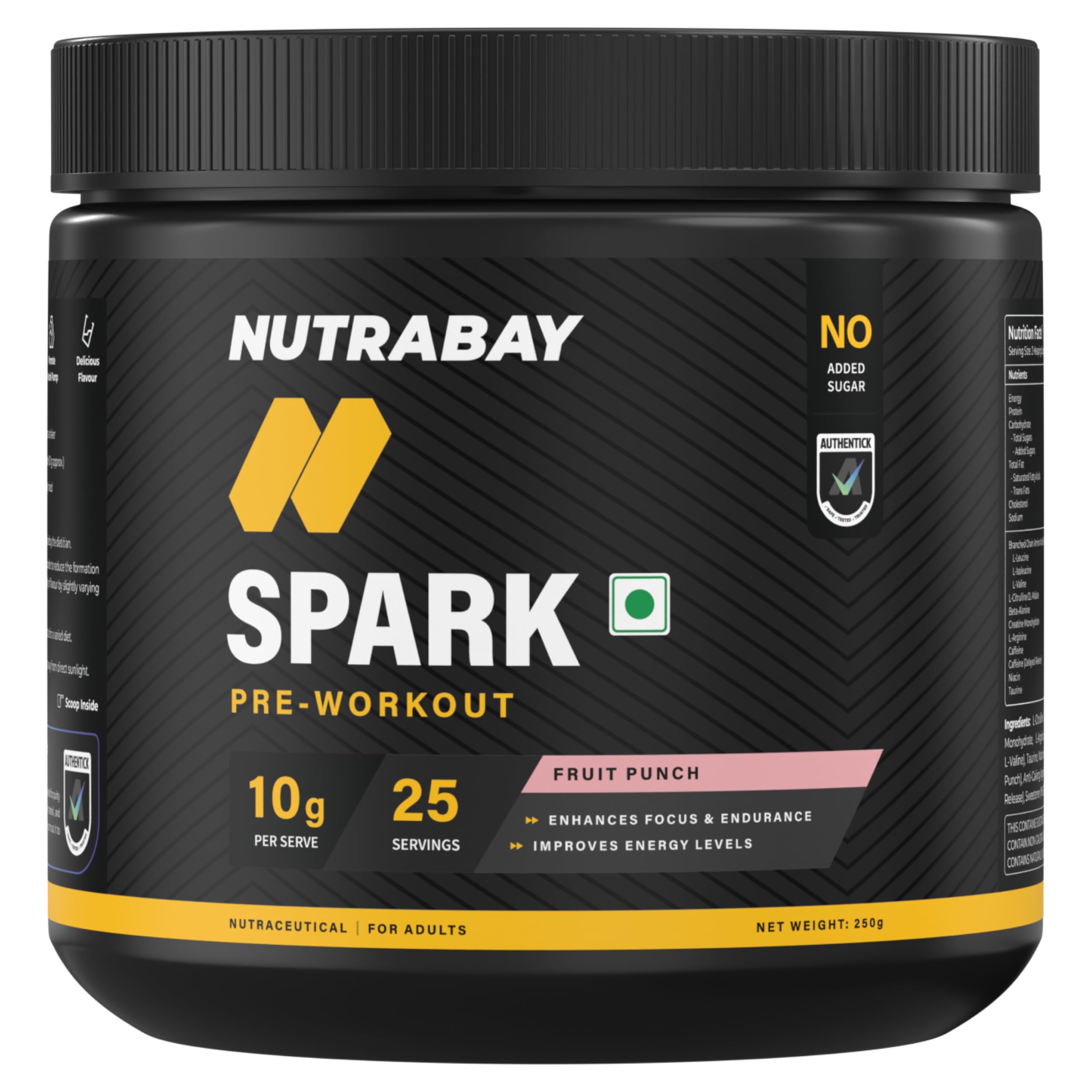 Nutrabay Gold Spark Pre Workout Supplement Powder - 250g, Fruit Punch | 300mg Caffeine, 1000mg L-Arginine, 3000mg Beta Alanine, 2500mg Citrulline Malate | Muscle Pump & Performance | For Men & Women-image-39