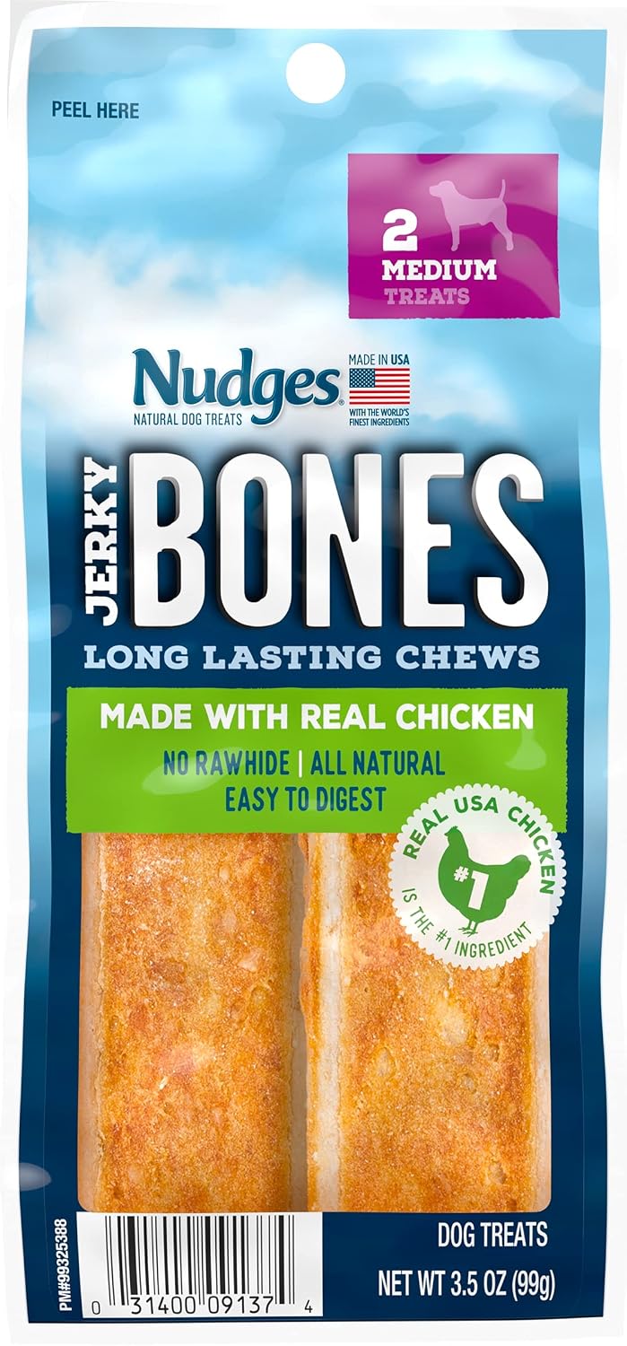 Nudges Natural Dog Treats Jerky Bones Made with Real Chicken, Long Lasting Chews (Medium Dogs)