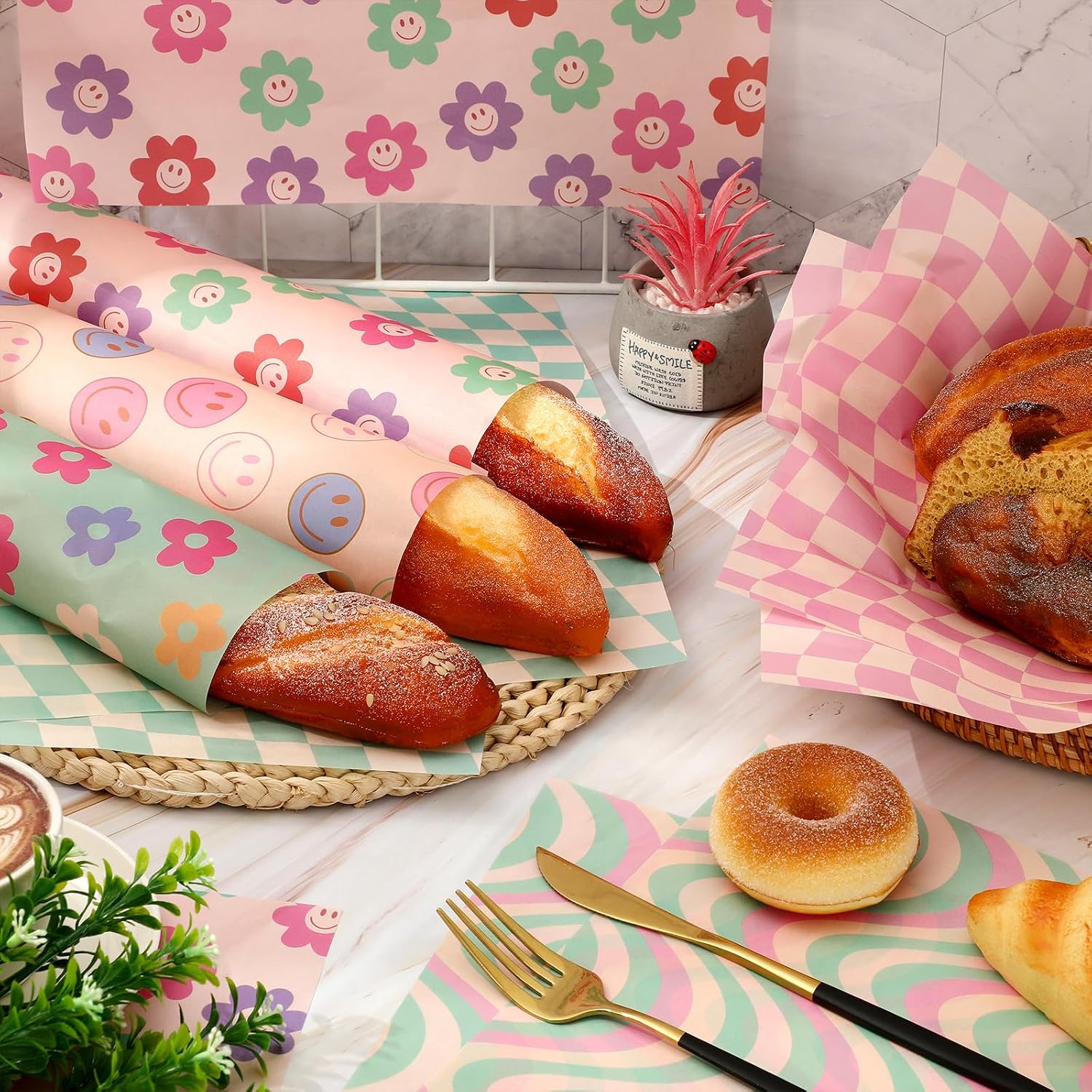 Whaline 240Pcs Groovy Deli Paper Pastel Retro Smile Daisy Checkered Food Sandwich Wrapping Paper 12 x 12 Inch Groovy Hippie Food Basket Liners for Picnic Barbecue Kitchen Party Supplies