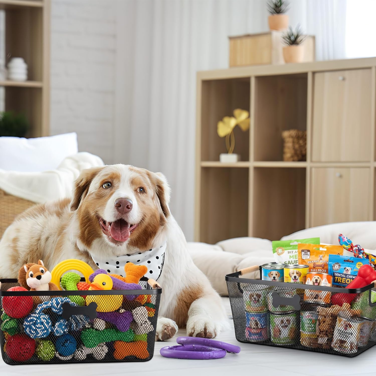 2 Pack 15.3 Inch Dog Toy Basket, Metal Basket with Wooden Handles for Dog Toys Storage Bins, Dogs Stuff Organization & Storage for Blankets & Dogs Collar