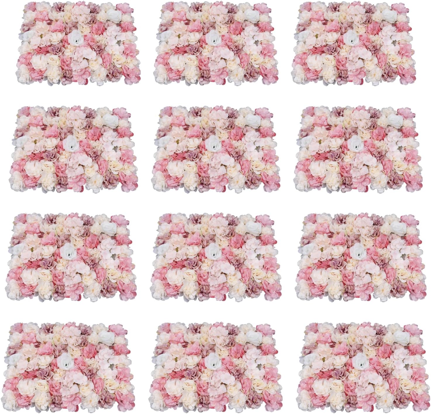 12pcs 24" x 16" Artificial Flower Wall Panel Background,3D Pink Silk Dahlia Hydrangea Rose Flowers Wall Backdrop for Wedding Party Event Photo Backdrop Wall Decor (Type 4)