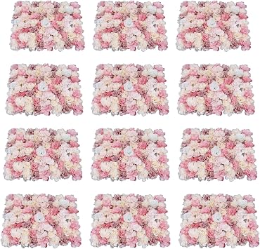 Flower Wall Backdrop, 12Pcs Artificial Flower Wall Panel Pink Silk Rose 3D Flower Panels Floral Decorative Background for Wedding Home Decoration Pink, 15 * 15in