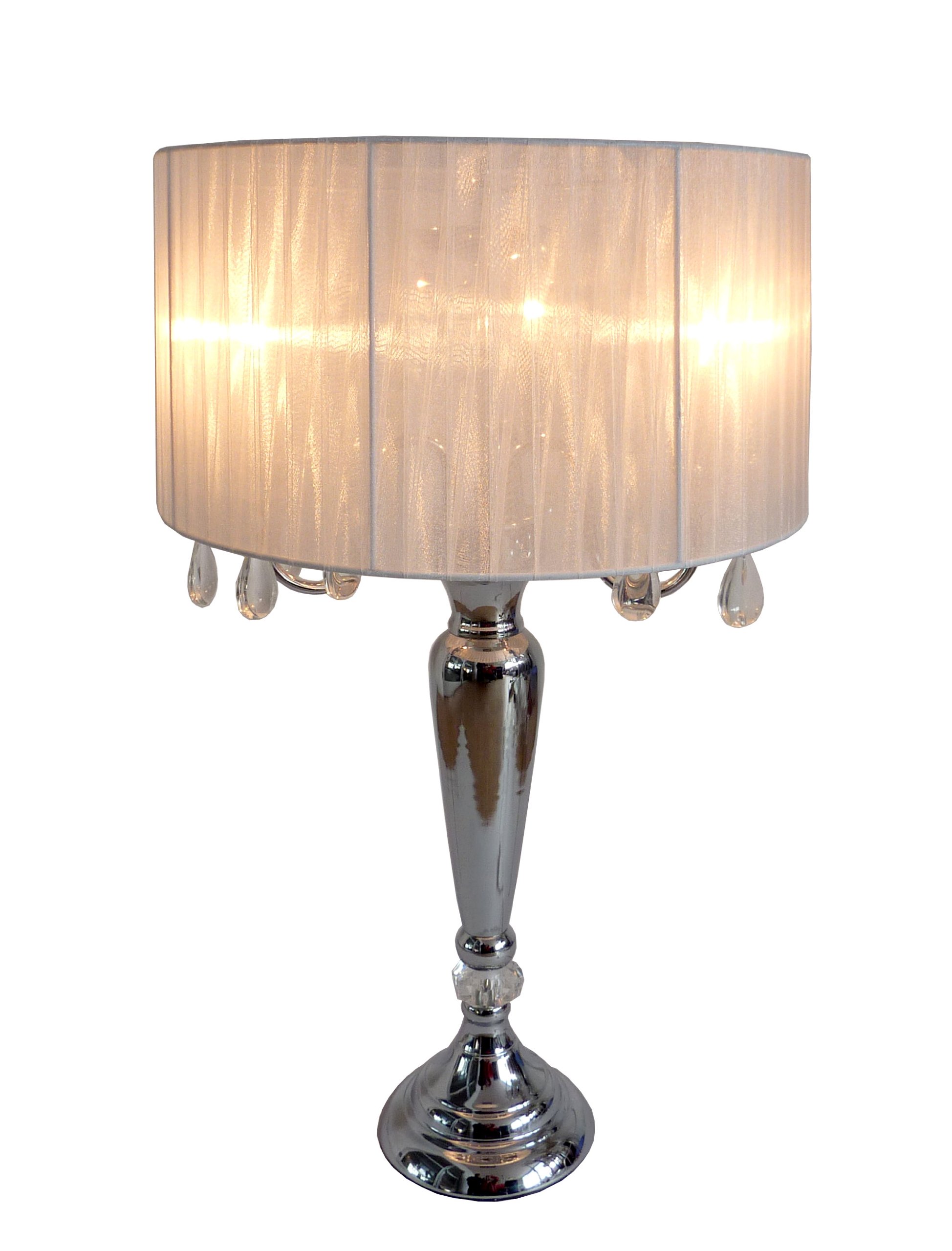 Elegant Designs LT1034-WHT Trendy Sheer Table Lamp with Hanging Crystals and Sheer Shade, White