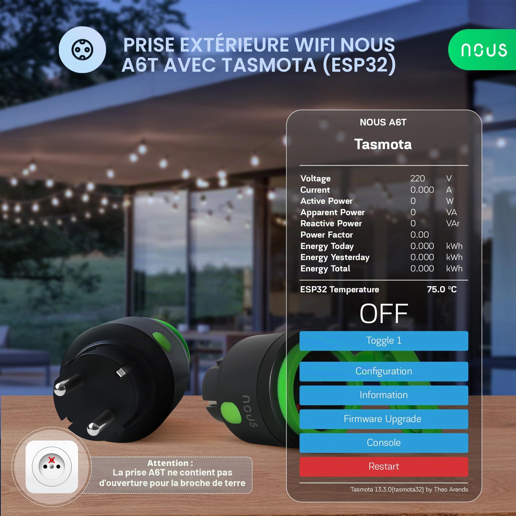 NOUS Tasmota Prise Exterieur Intelligente ESP32 Prise Étanche IP44 Prise 16A avec Consommation d'Électricité, Minuteur Compatible avec Alexa, Google Home Assistant MQTT, WiFi 2.4GH