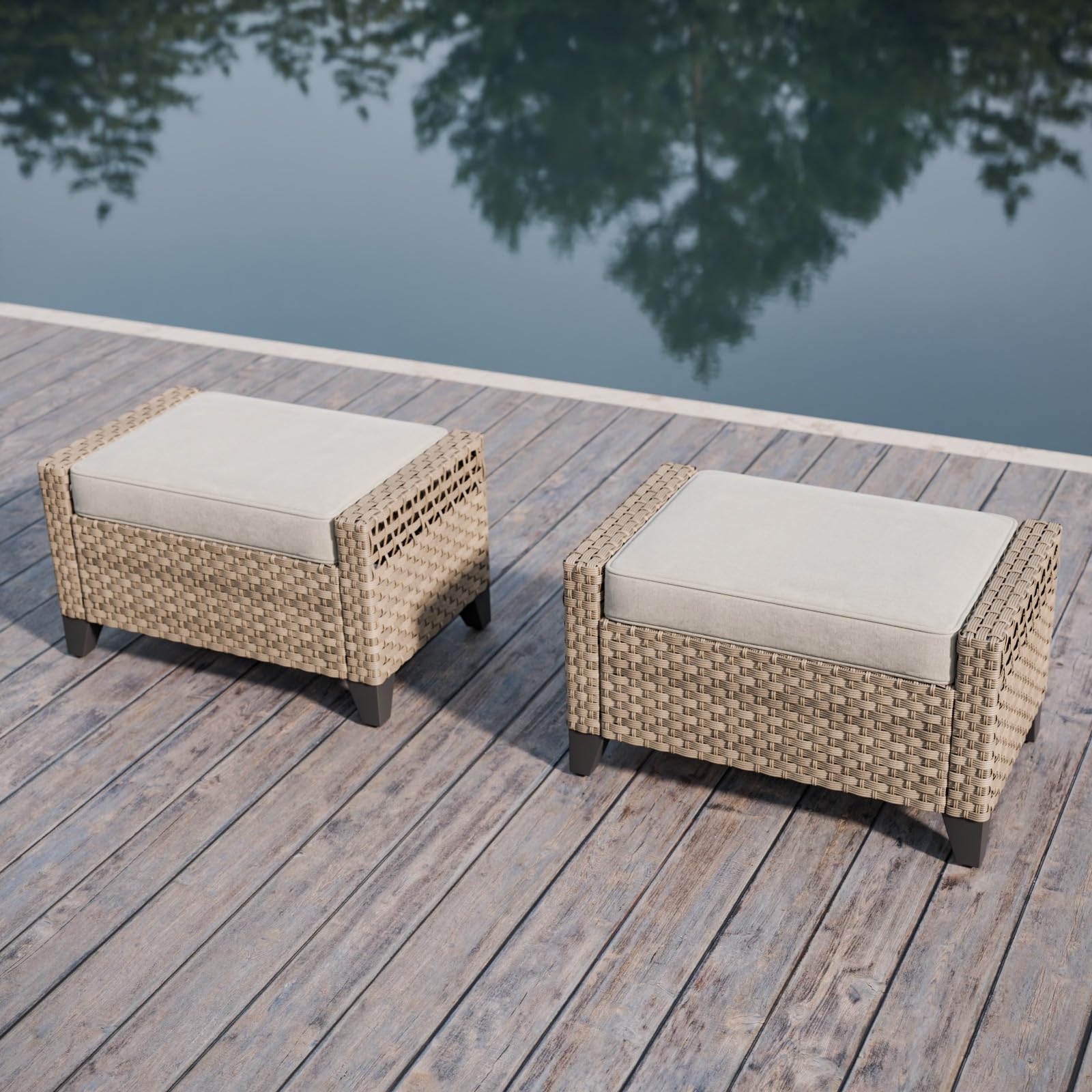 EAGLE PEAK 2 Piece Wicker Outdoor Ottoman, Patio Ottoman Foot Rest for Couch with Removable Cushions for Patio, Deck, Backyard and Poolside, Brown/Gray