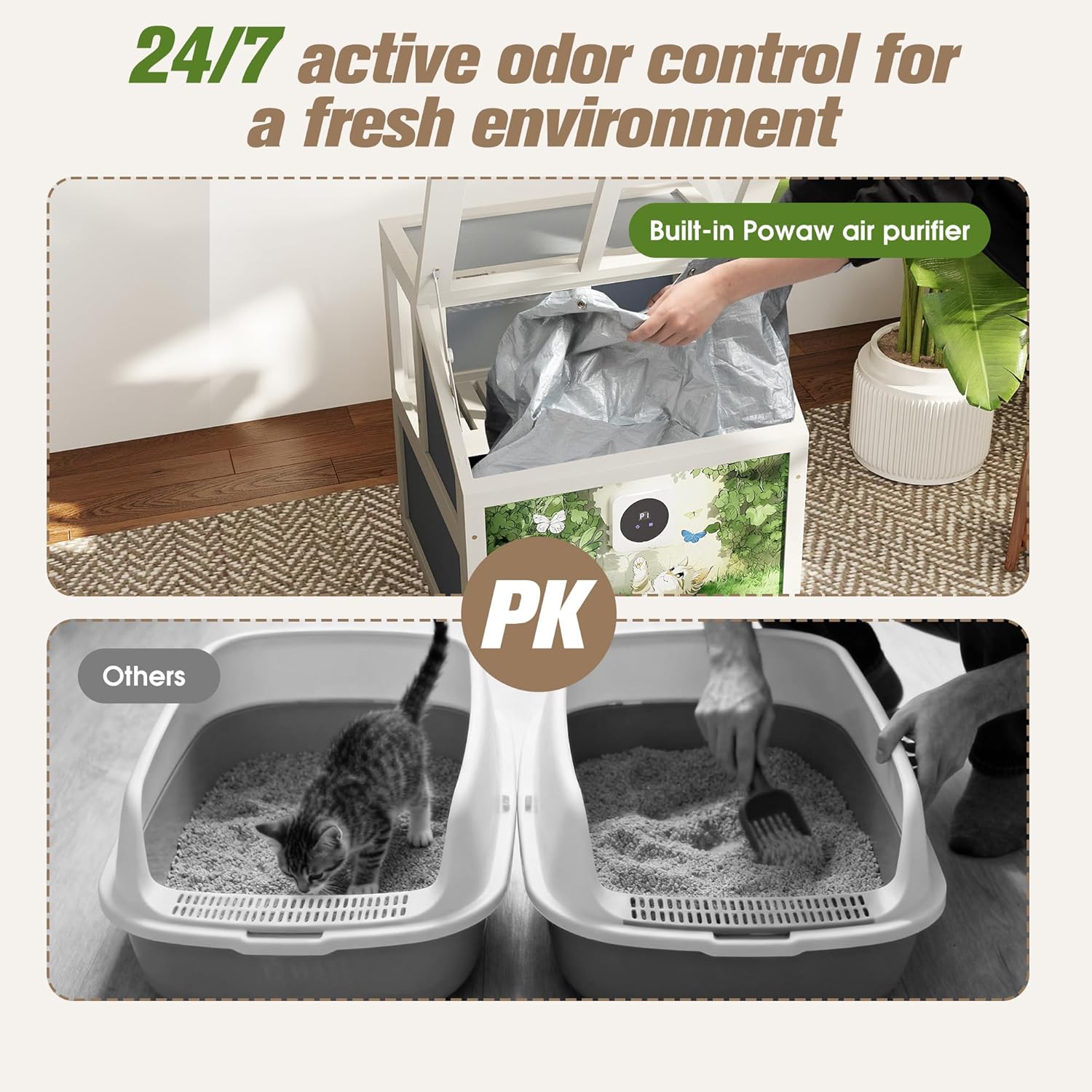 COZIWOW Modern Cat Litter Box Enclosure with Openable Top, Removable Litter Bag, Smart Air Purifier, 2-Tier Hidden Kitten Toilet Box Furniture for Indoor Outdoor Kittens, Fresh Air, Cat Playpen, Gray