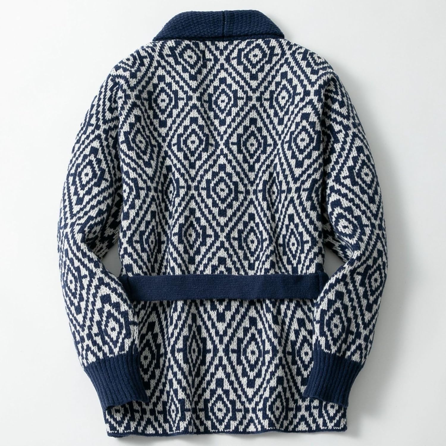 Men's Southwestern Aztec Geometric Pattern Cardigan Sweater, Long Sleeve Button Front Knit Jacket with Belt, Black Tan Gray, Medium to Long Length - Image 2