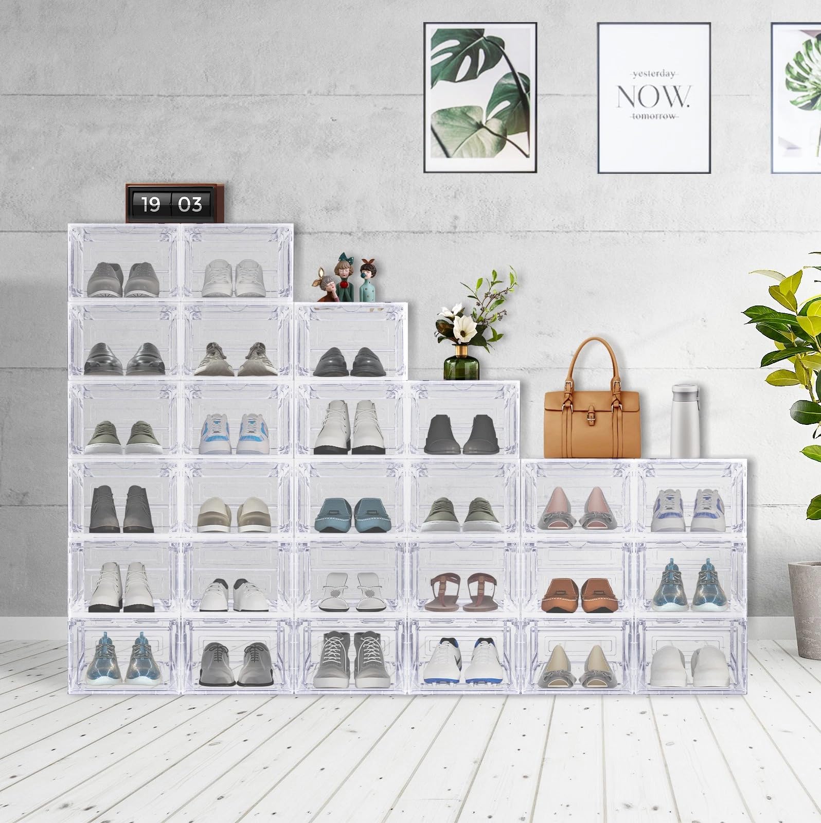 Paquete de 6 cajas de almacenamiento transparentes de plástico duro apilables para zapatos, cajas de almacenamiento de zapatos, cajas grandes de plástico transparente apilables (6 unidades)