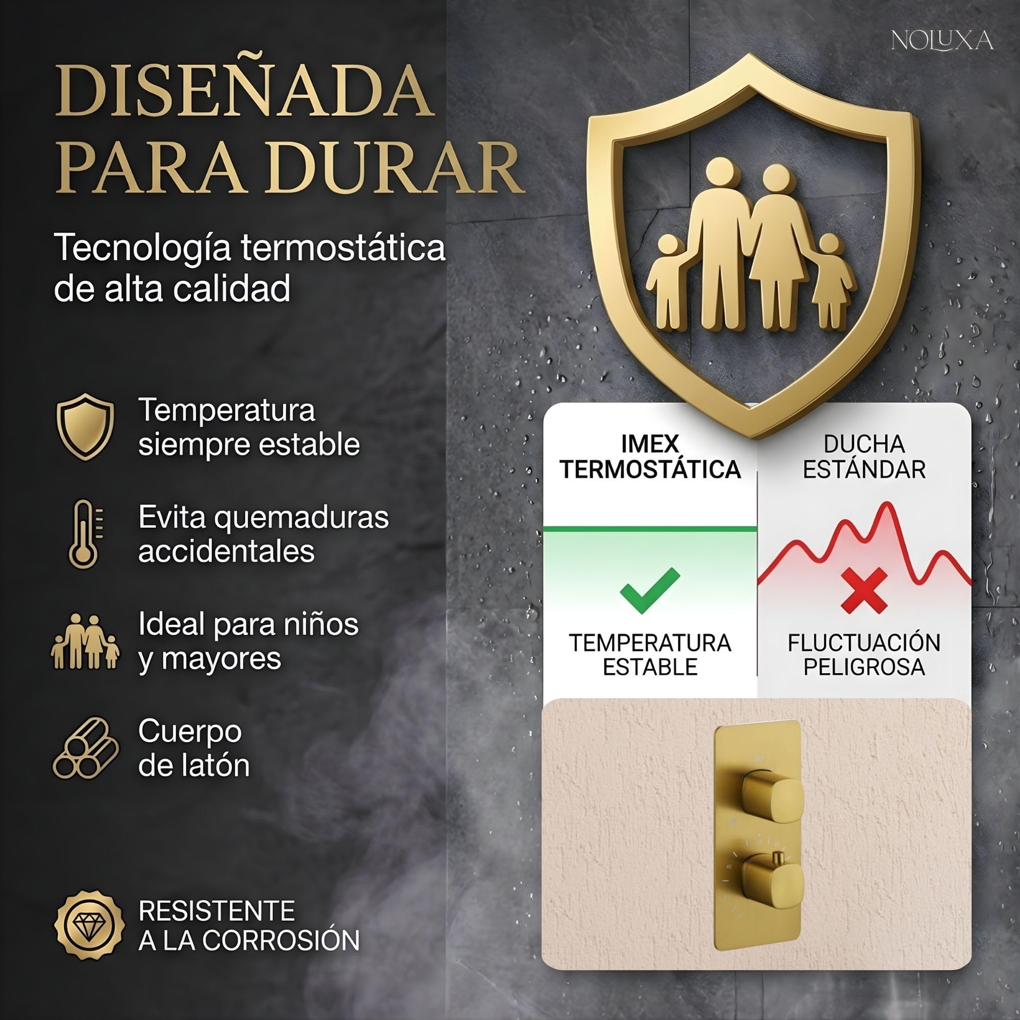 IMEX - Ducha Empotrada Techo Termostática Dorada | Conjunto Empotrado de Grifería con Alcachofa y Rociador Antical Efecto Lluvia | Ducha Empotrada con Grifo en Latón y Acero Inox S.304 | Serie Arezzo
