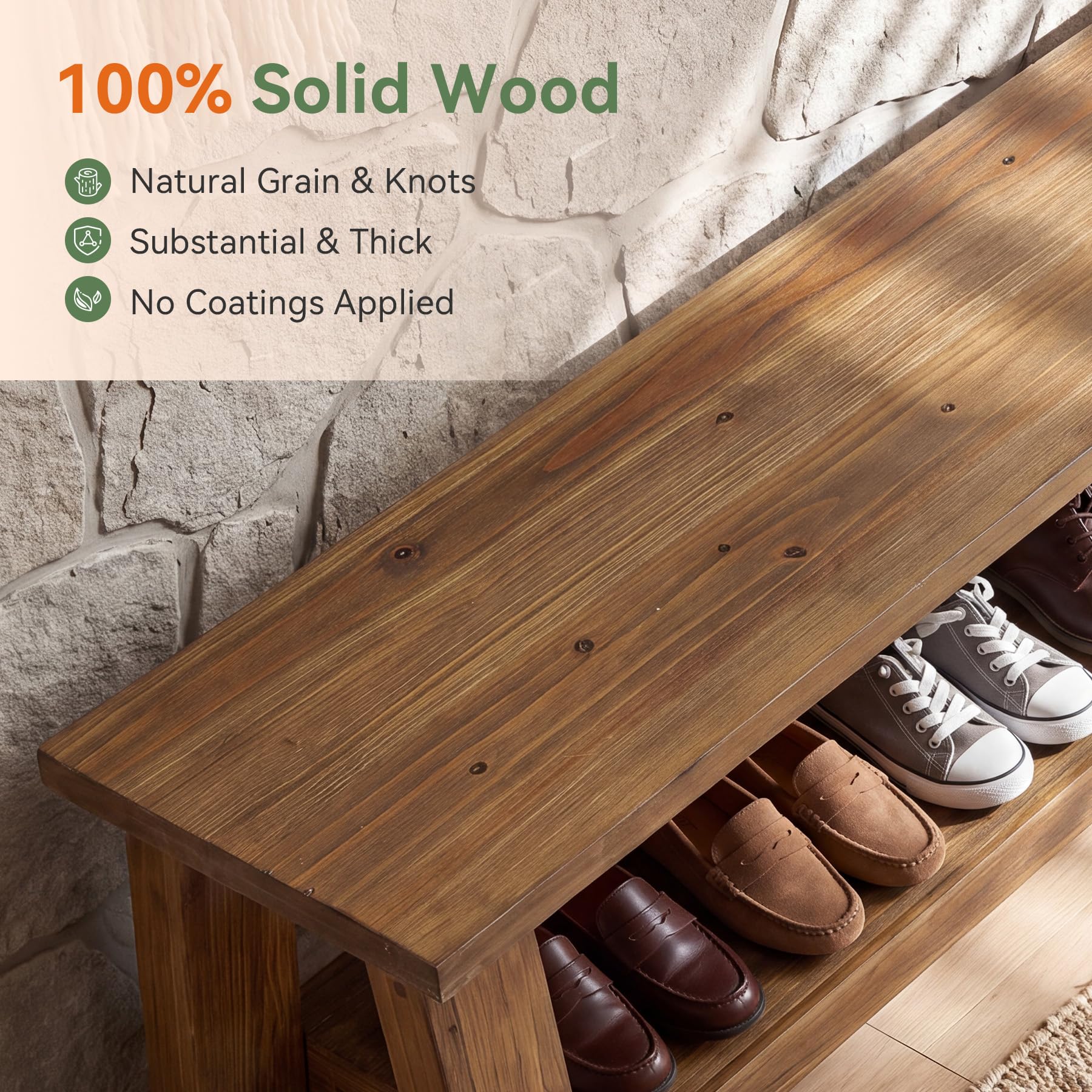 70.87" Long Solid Wood Dining Bench | Farmhouse Kitchen Bench with Storage Shelf for Dining Room, Kitchen, Entryway, Bedroom, Easy to Assemble