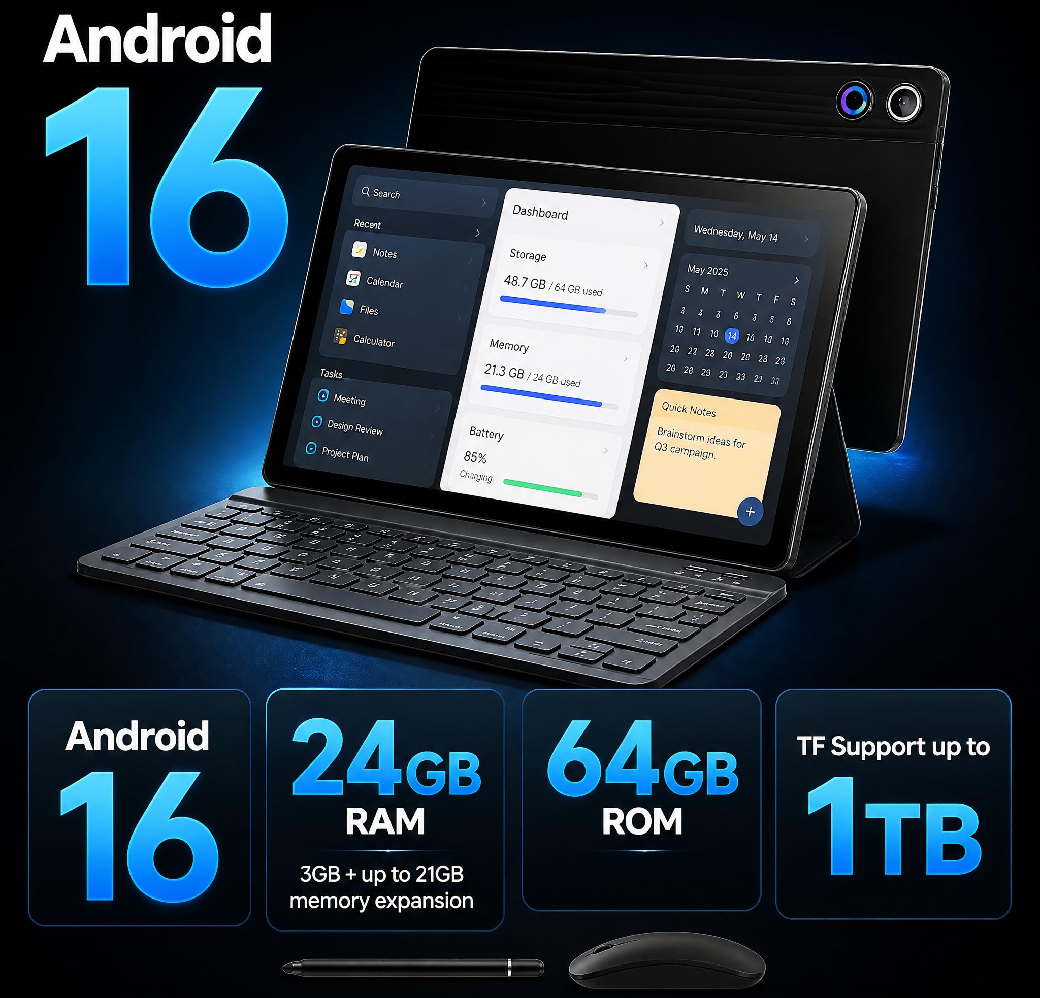 Tablet Android 16 de 10.1 pulgadas con pantalla táctil IPS HD, cámara dual, almacenamiento de 64 GB de expansión de 1 TB, kit de tabletas 8 en 1 con teclado, funda protectora, mouse, lápiz óptico, BT
