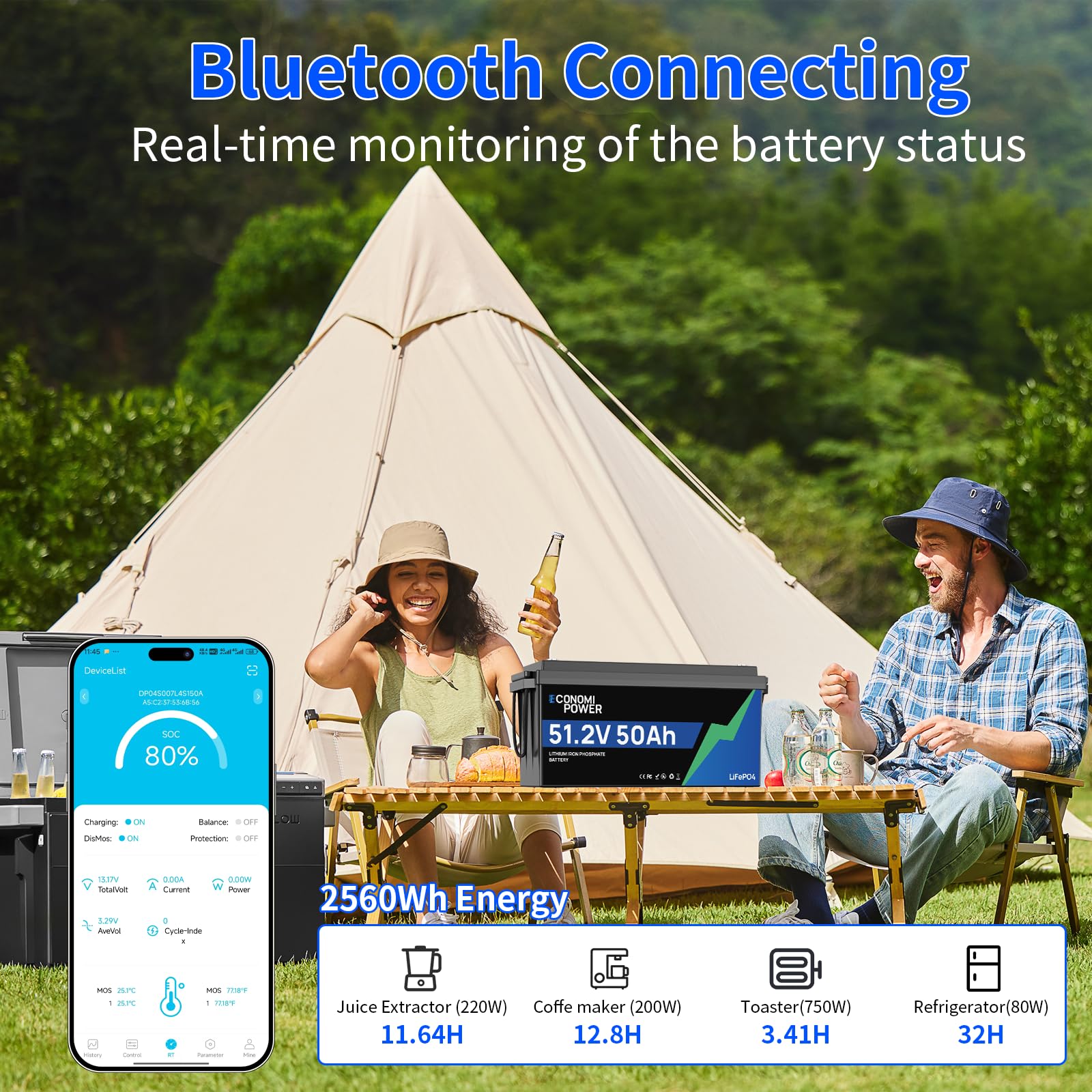 48 V 50 Ah LiFePO4 Batería de Litio con Bluetooth y BMS de 50 A Integrado, Células A, 10 años de vida útil, Perfecta para Solar, Autocaravanas, Motores de Arrastre