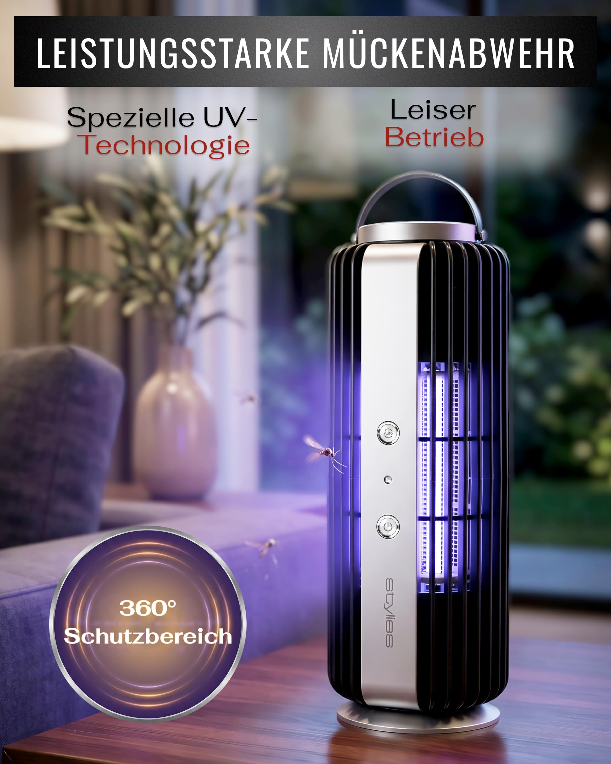 Premium Mückenfalle, Insektenvernichter elektrisch mit UV-Licht, leise Fliegenfalle für Innenbereich, Mückenlampe mit Lichtsensor & Ventilator, 8W | Chemiefreier Betrieb hält Innen- und Außengärten frei von Schädlingen, zielt Wespen und Motten ohne giftig