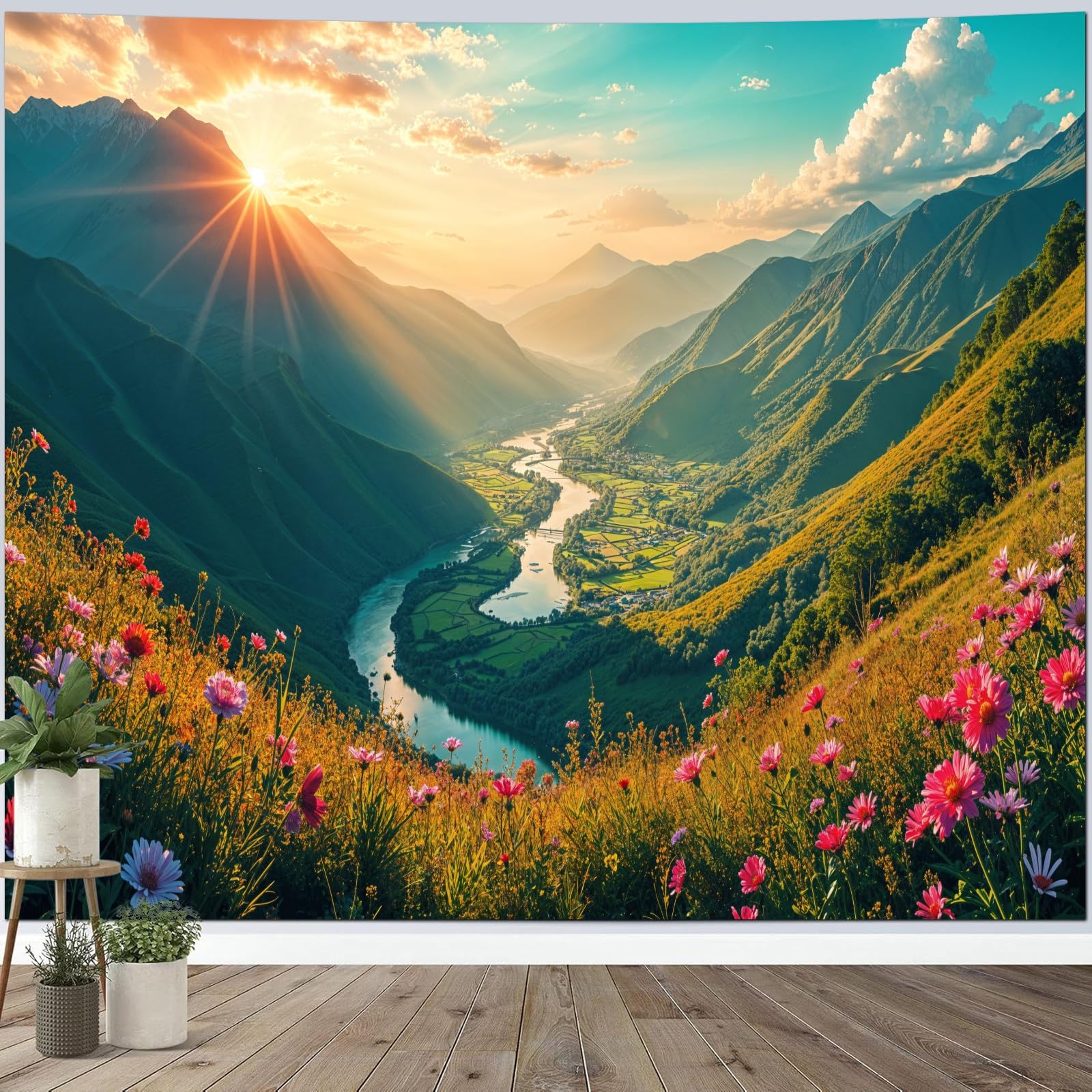Calefee Wandteppich xxl 350x256, Wandteppich Natur Sonnenuntergang Berge Fluss Blumen Landschaft, Wandbehang Deko Teppich für Schlafzimmer