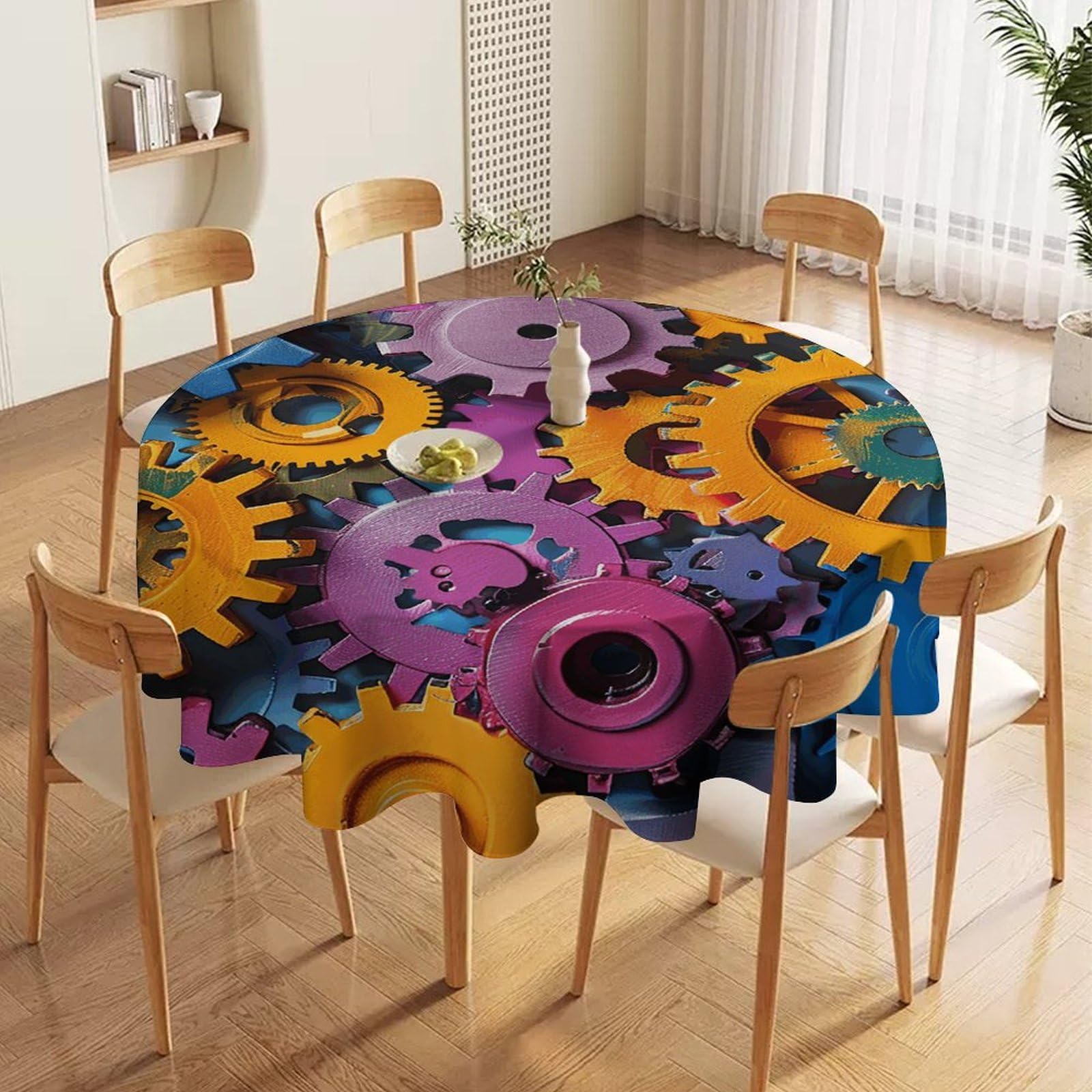 Nappe ronde à motif d'engrenage coloré imperméable de 177 cm