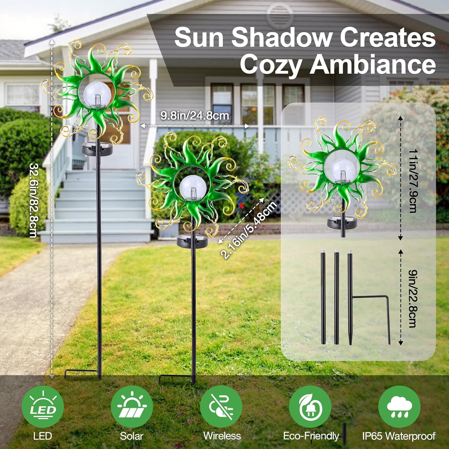 Solar Garden Lights Outdoor, Green Metal Sun Stake with 30 LED Waterproof Vine String Crackle Glass Spring Decor for Patio,Yardr,Lawn Gardening Birthday Gifts