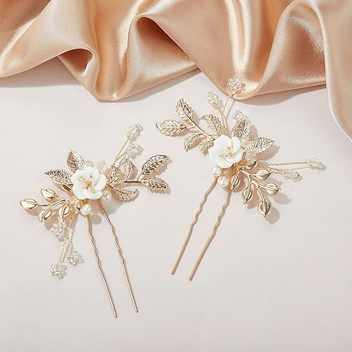 Miniatura 6 de SWEETV 2 accesorios para el cabello de novia, horquillas doradas para el cabello de boda con flores blancas para novias