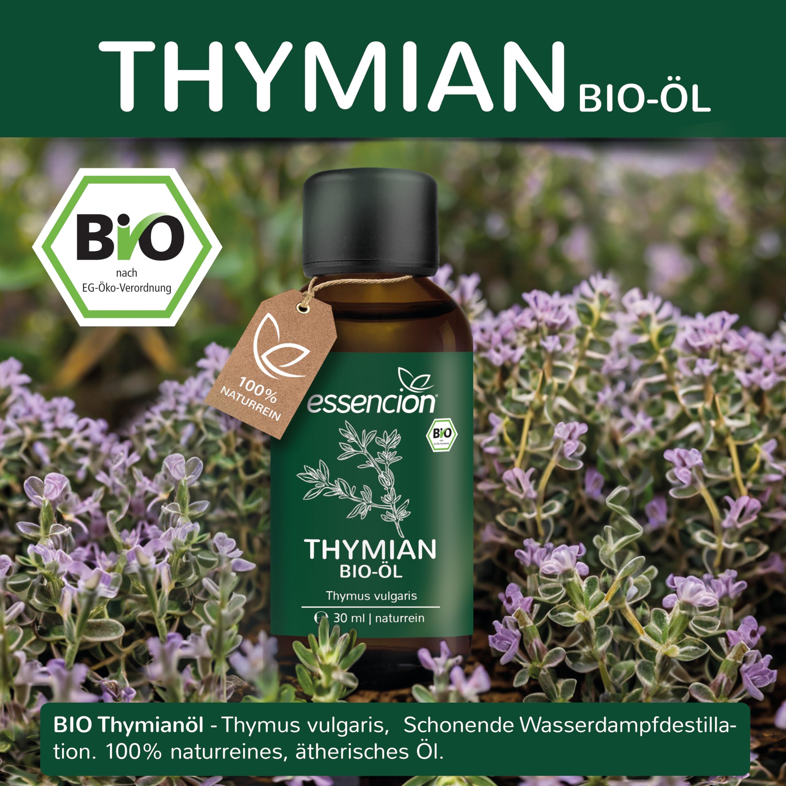 essencion BIO Thymianöl 3 x 30ml | Reines ätherisches Thymian Öl | 100% Naturrein | Ideal für Aromaverteiler, Duftlampe & Massage | Tymiantropfen