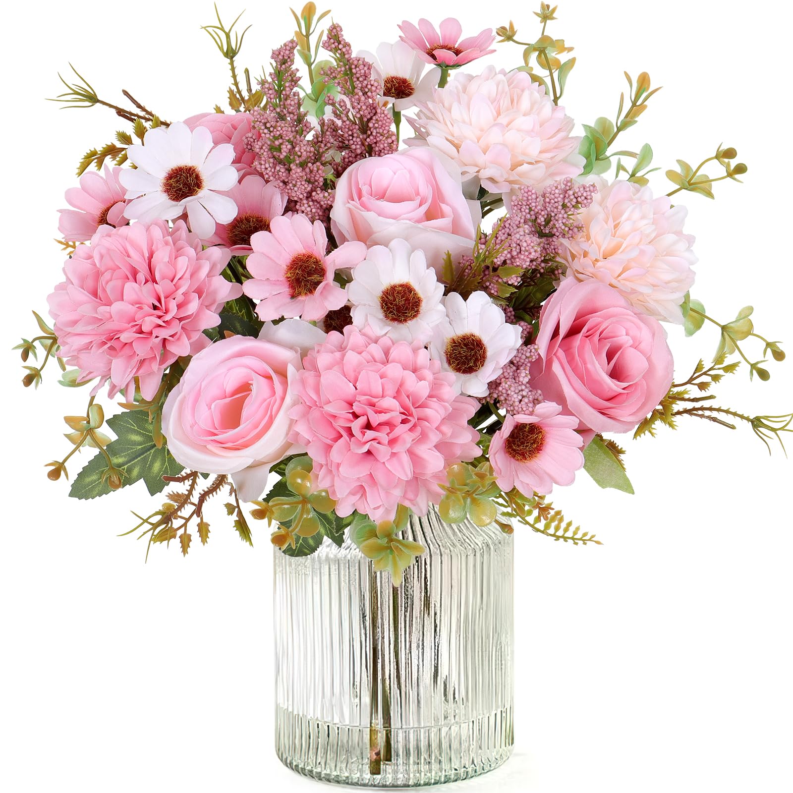 Dremisland Artificial Flowers Like Real Artificial Bouquet 2 Packs Silk Artificial Roses Bouquet with Daisy Chrysanthemum Pink Flowers for Centerpiece Table Valentines Day Wedding  image 2