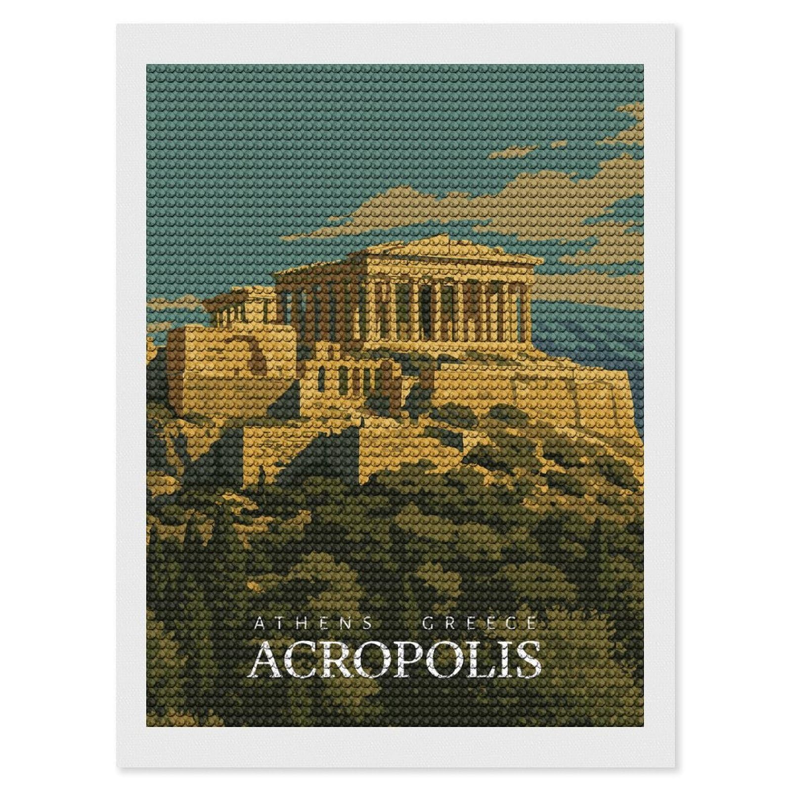 Junmoney Acropolis, Athens, Greece Travel Round Drill Diamond Painting 12"x16", Handmade Wall Decor, Modern Decor, Aesthetic Room Decor, Easy Craft Set