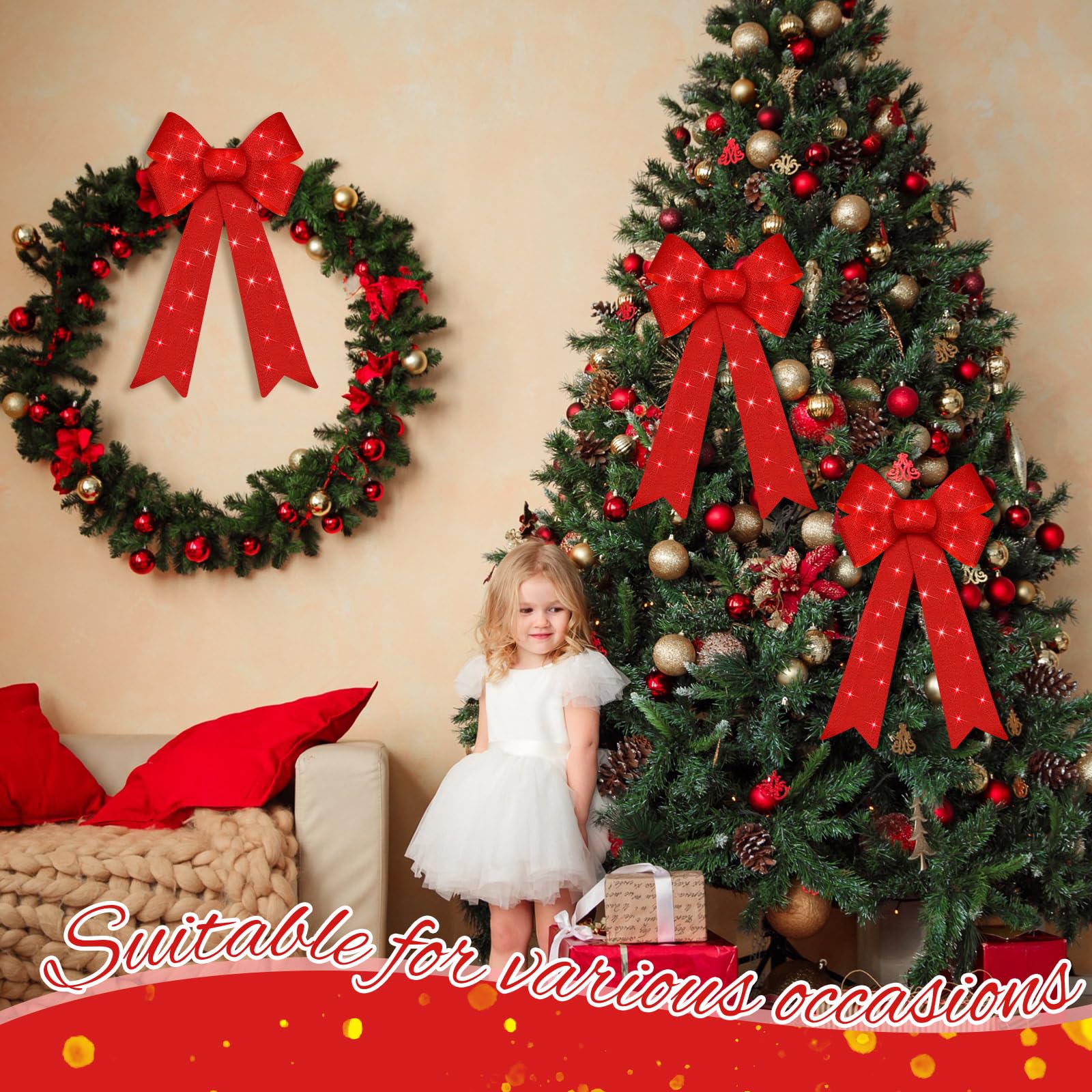 2 Pcs Christmas LED Wreath Bow Large 24 x 12 Inch Xmas Lighted Bows Wreath LED Lights Christmas Tree Topper Bows Winter Wall Decor for Holiday Indoor Outdoor Home Xmas Decoration (Red)