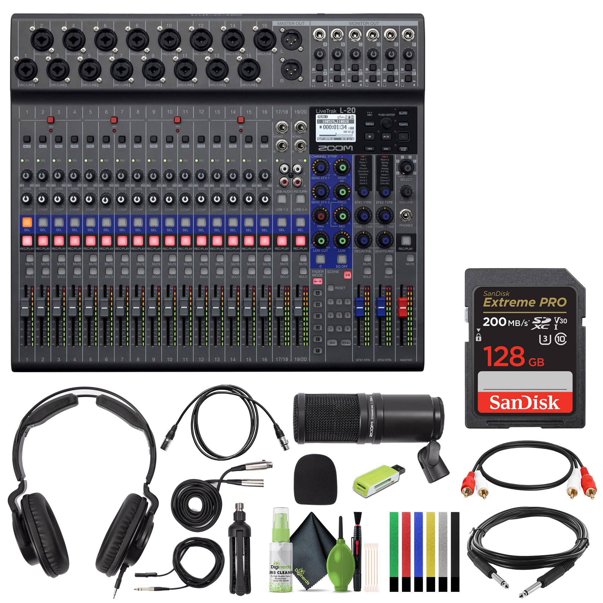 Zoom LiveTrak L-20-20-Input Digital Mixer & Multitrack Recorder + Zoom ZDM-1 Podcast Mic Pack + USB Card Reader, SD/microSD + Xpix Balanced Interconnect, 1/4 inch TRS + Dual RCA Cable + More