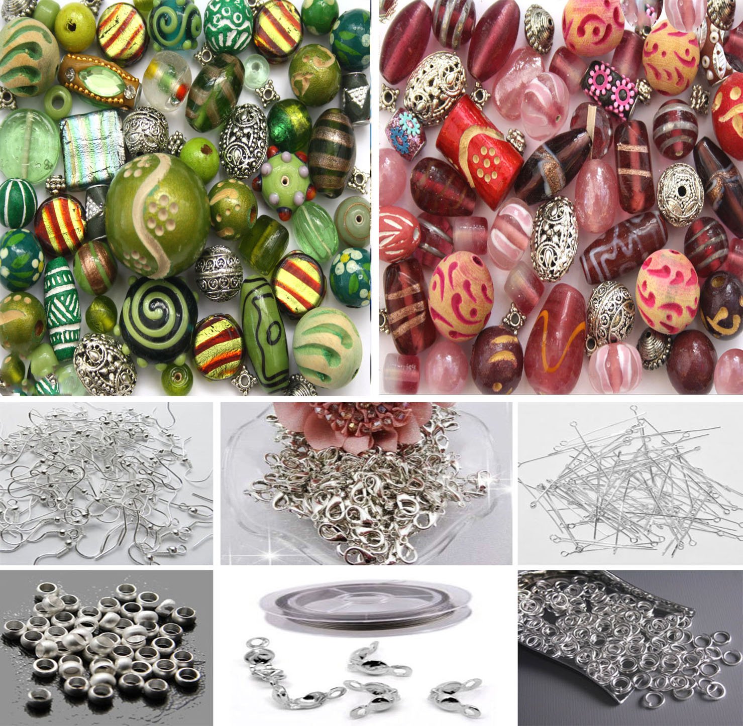 Giftware Approx X 500 Jewellery Making Beads Glass Wooden Tibetan Beads Kit in Green Pink & Jewellery Findings