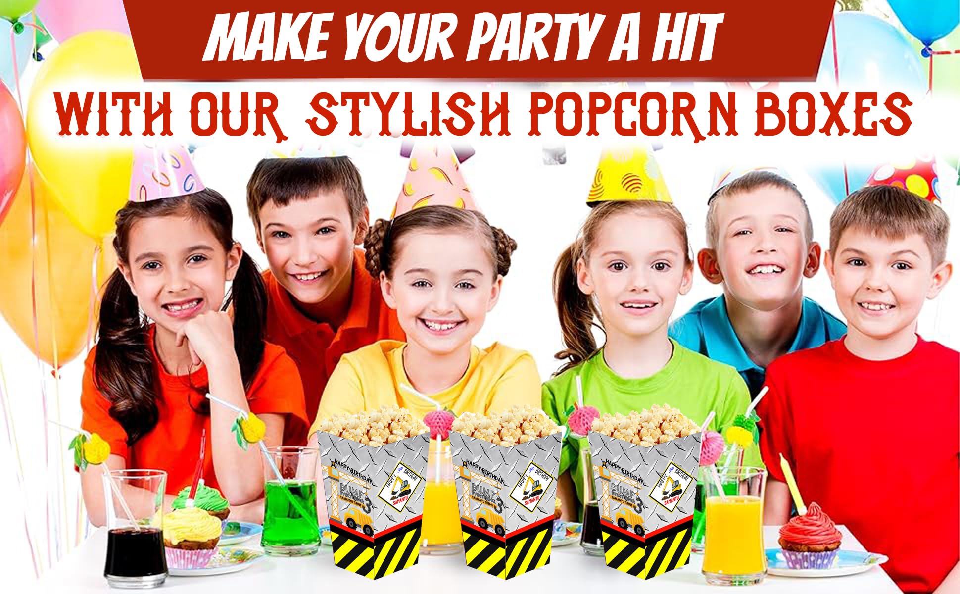 WoW Party Studio Personalized Construction Vehicles JCB Theme Popcorn Holder/Cups, Sleeves, Material - 300 GSM thick Cardstock Paper, with Birthday Boy/Girl Name Printed - 10 Pcs 2