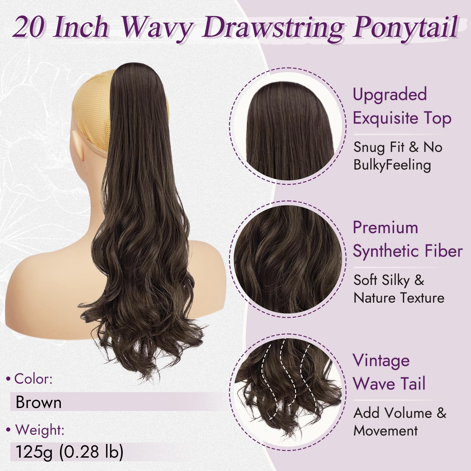 BARSDAR Brown Wavy Drawstring Ponytail Extensions - Image 2