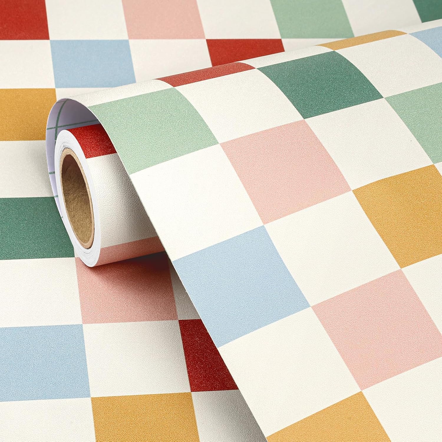 FunStick 17.5"x354" Colorful Checkered Peel and Stick Wallpaper Removable Vintage Checkered Contact Paper for Cabinets Renter Friendly Gingham Plaid Wallpaper for Bathroom Kitchen Living Room Walls